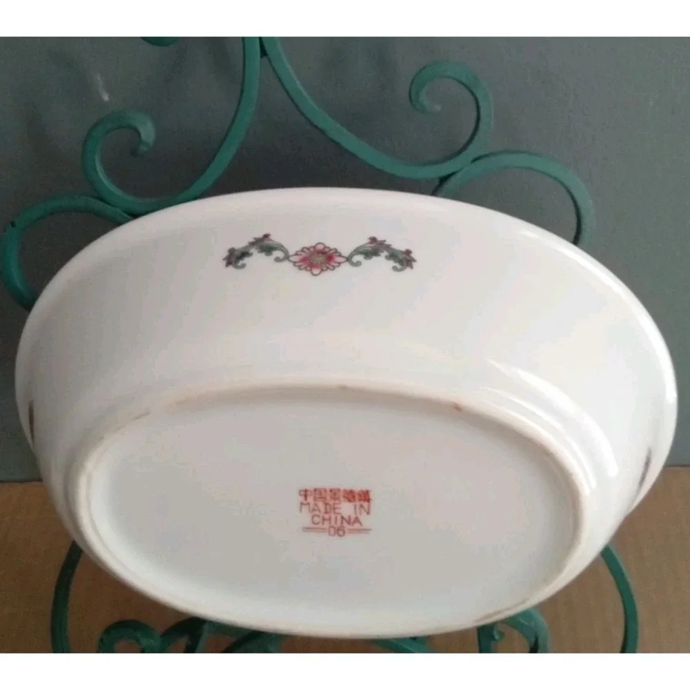 Vintage Chinese Porcelain Oval Serving Platter and‎ Bowl Set Red Floral